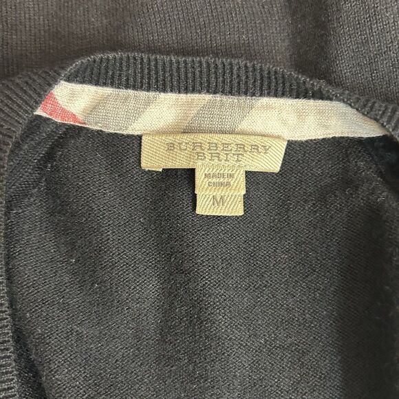 Burberry Brit Elbow Patch Cardigan Sweater Womens M Black Nova Check V Neck - Picture 12 of 14